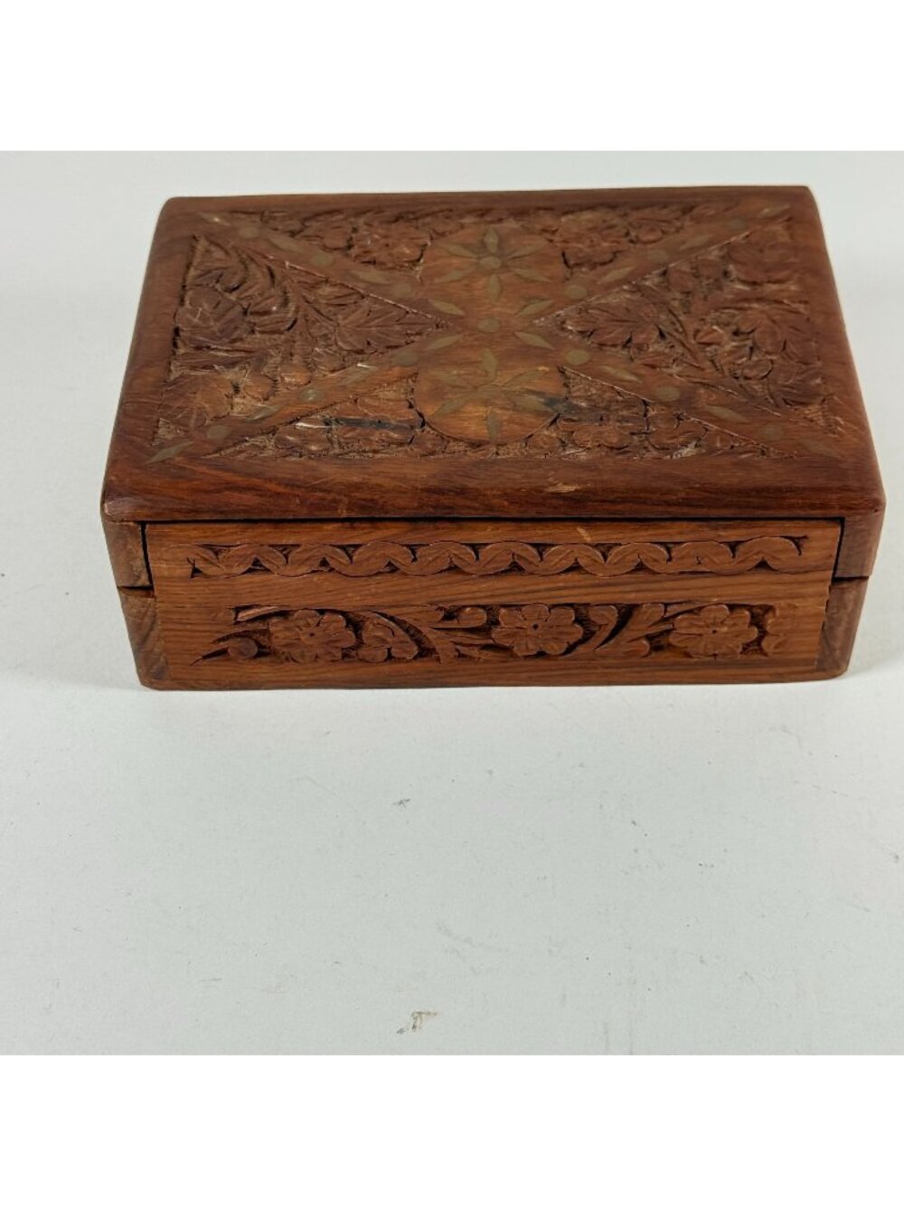 Vintage Wooden Trinket Jewel Box Carved Floral Design Handcrafted India Archana
